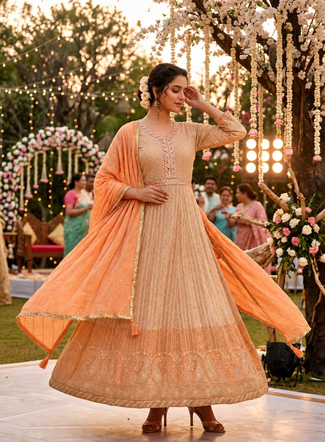 Premium Real Georgette Chikankari Embroidered Readymade Anarkali Suit with Embroidered Dupatta - Peach