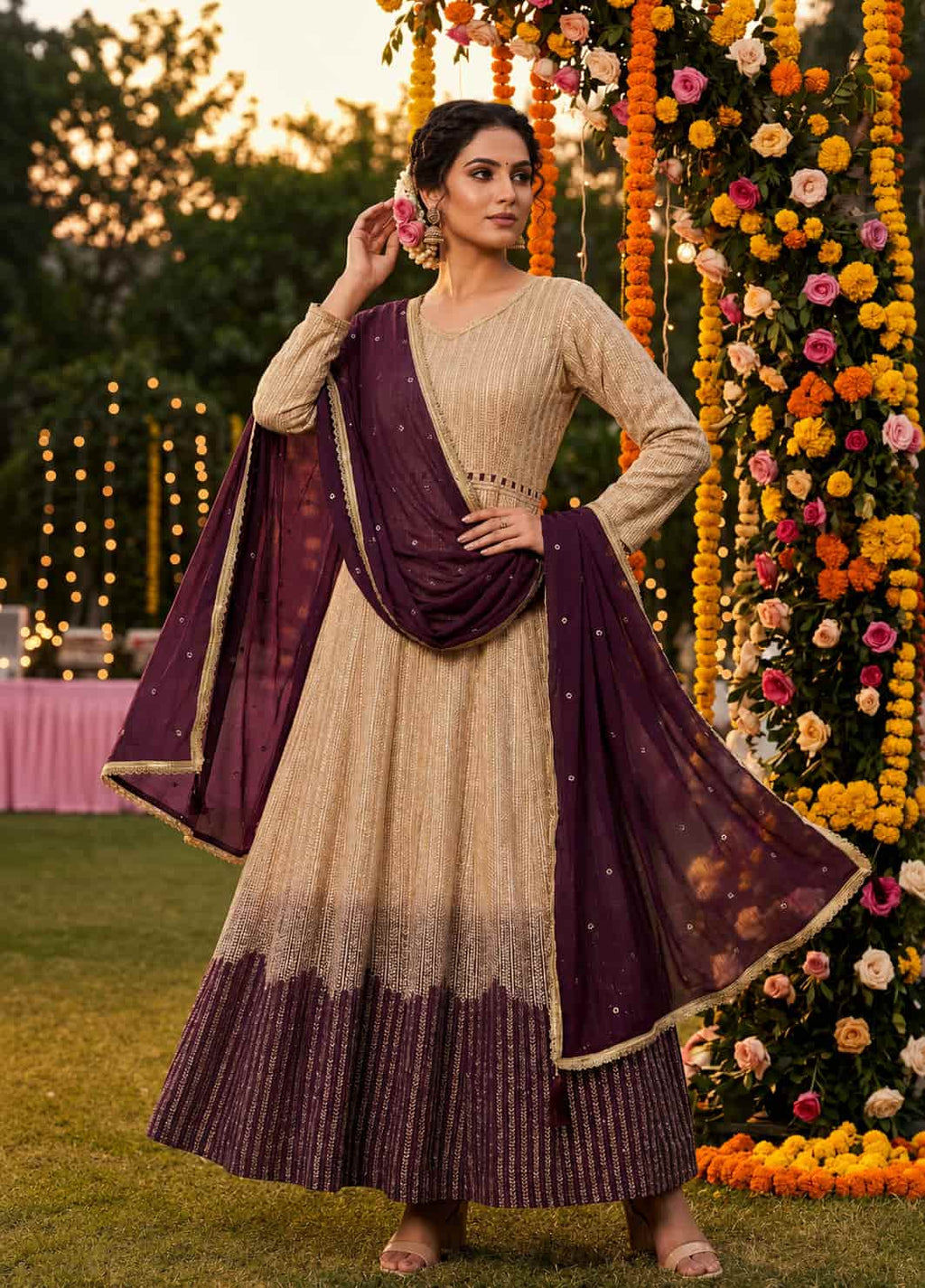 Premium Real Georgette Chikankari Embroidered Readymade Anarkali Suit with Embroidered Dupatta - Beige & Wine
