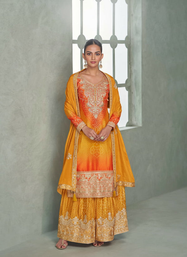 Marigold Yellow & Sunset Orange Chinon Sharara Suit