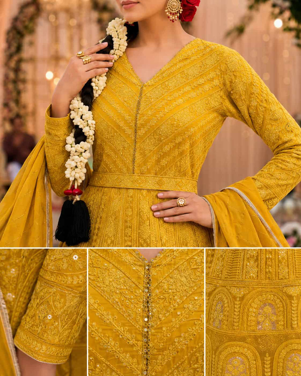 Premium Real Georgette Chikankari Embroidered Readymade Anarkali Suit with Embroidered Dupatta - Mustard Yellow
