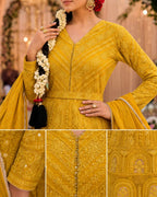 Premium Real Georgette Chikankari Embroidered Readymade Anarkali Suit with Embroidered Dupatta - Mustard Yellow
