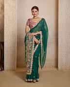 Emerald Green Organza Satin Handwork Saree