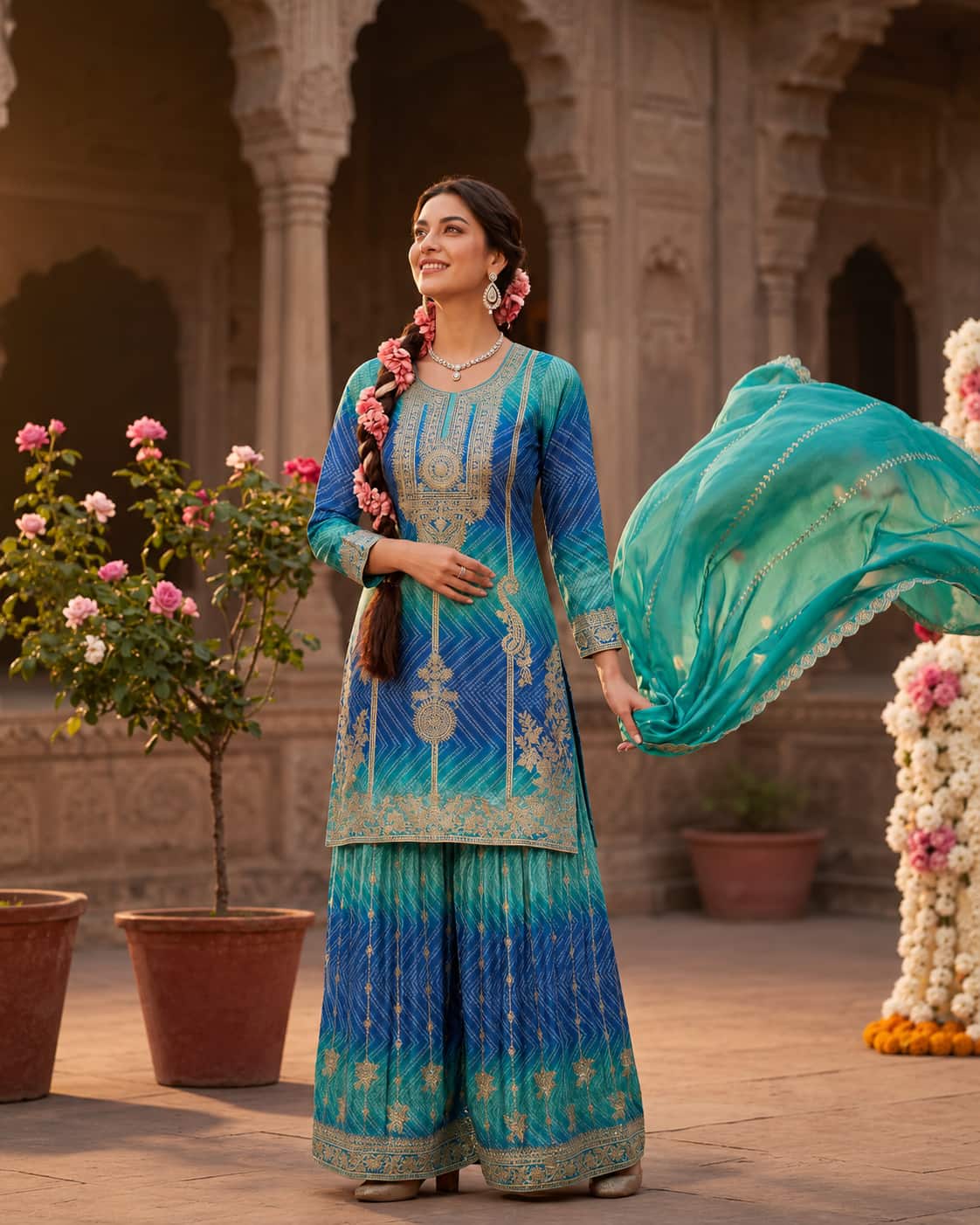Premium Chinnon Silk Designer Palazzo Suit