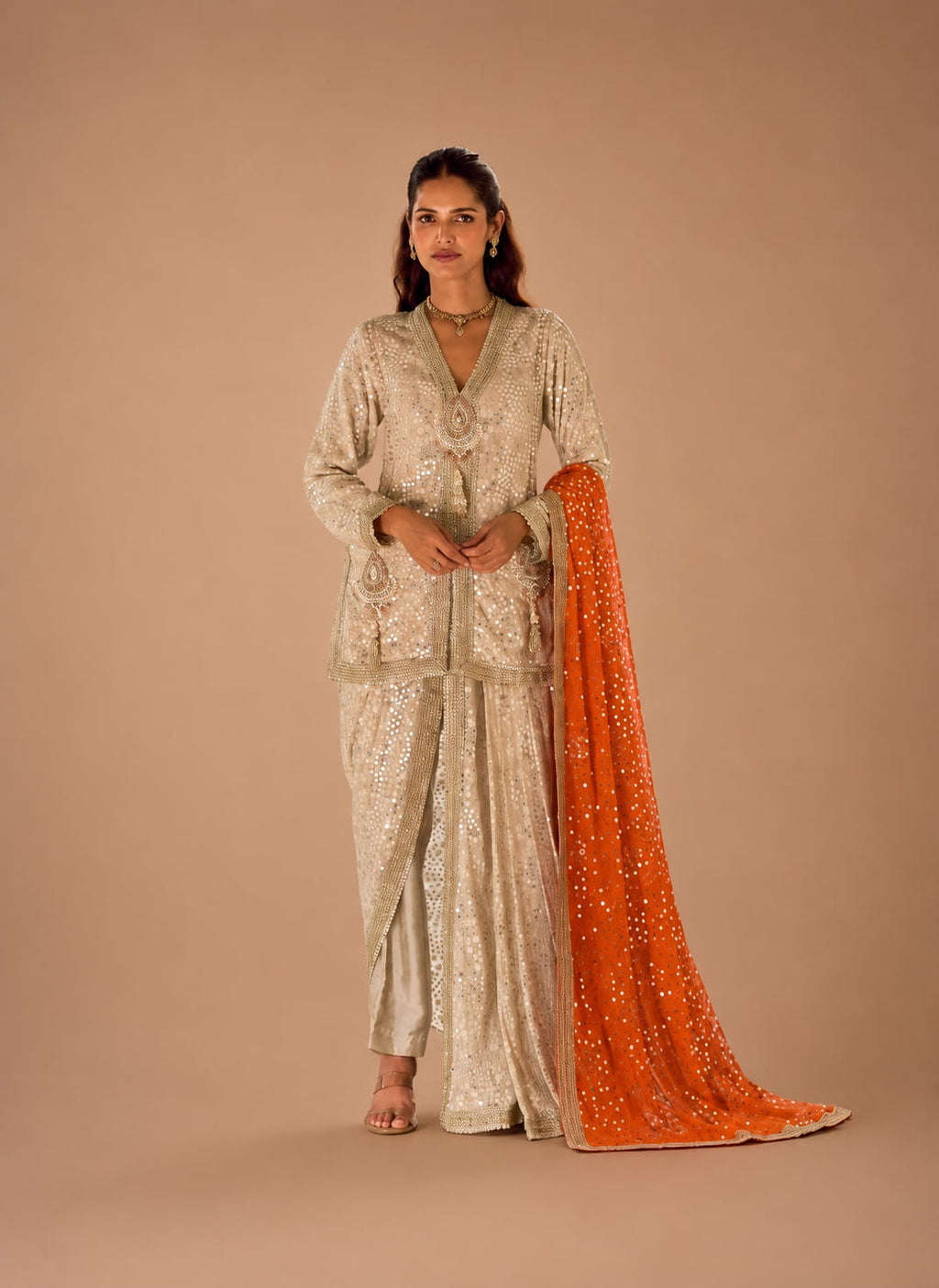 Champagne Gold Premium Georgette Heavy Hand Embroidered Indo Western Dhoti Pant Set with Orange Dupatta front view