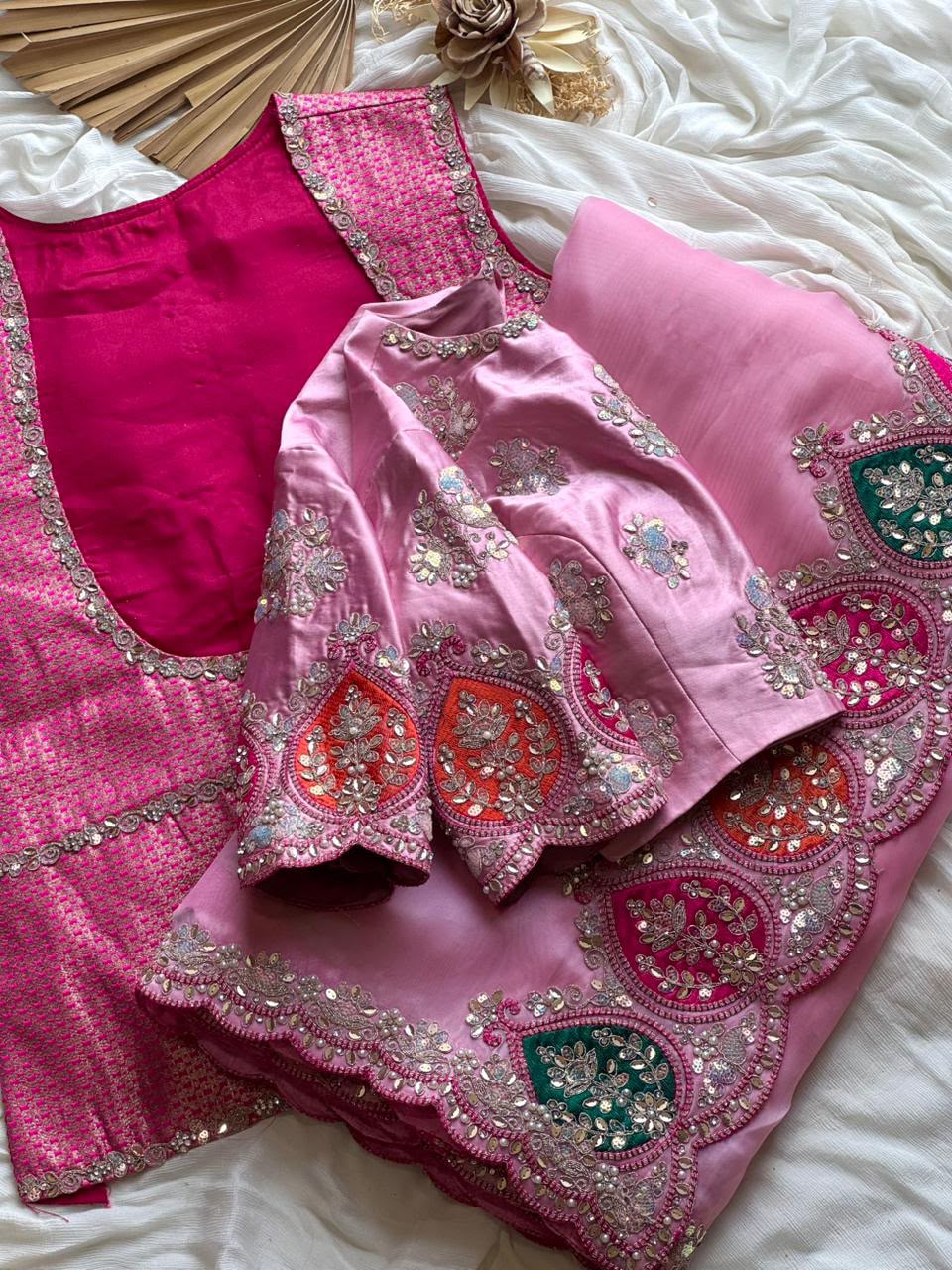 Pink Self Woven Jacquard Silk Sequin Pearl Crystal Work Saree