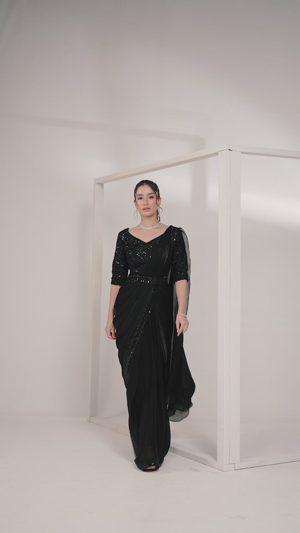 Black Two Tone Satin Silk Ready to Wear Drape Saree with Handwork Blouse and Belt