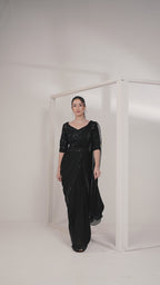 Black Two Tone Satin Silk Ready to Wear Drape Saree with Handwork Blouse and Belt