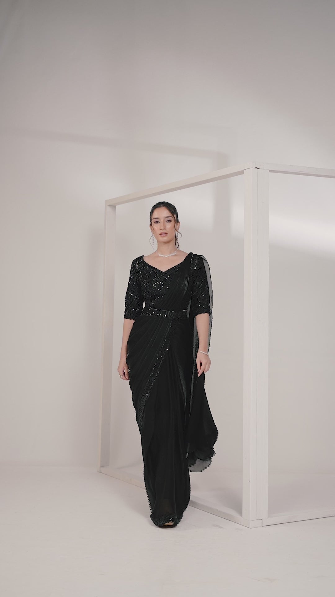 Black Two Tone Satin Silk Ready to Wear Drape Saree with Handwork Blouse and Belt