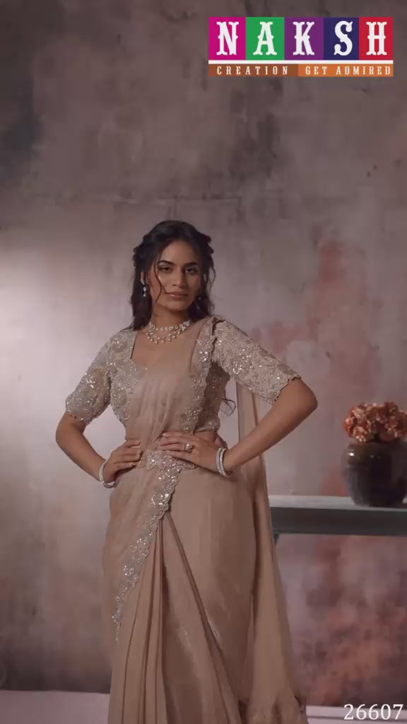 Champagne Beige Drape Saree with Pearl Embroidery