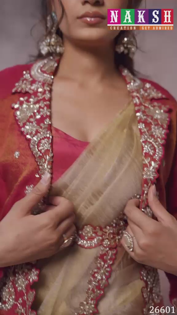 Cream & Pink Drape Saree with Embroidered Jacket