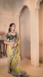 Olive Green Organza Satin Handwork Saree