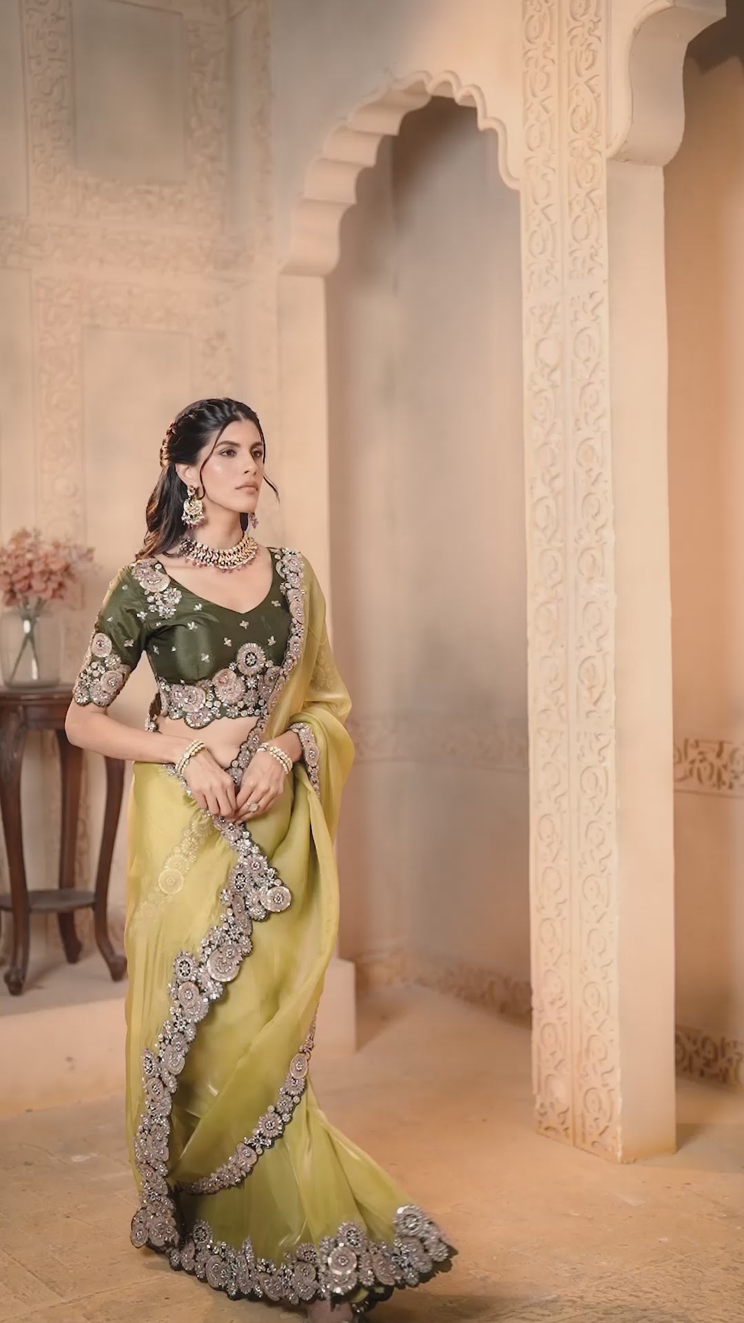 Olive Green Organza Satin Designer Saree with Dual Sequence Embroidery with Multi Stone & Handwork
