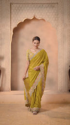Mustard Yellow Soft Satin Silk Handwork Saree