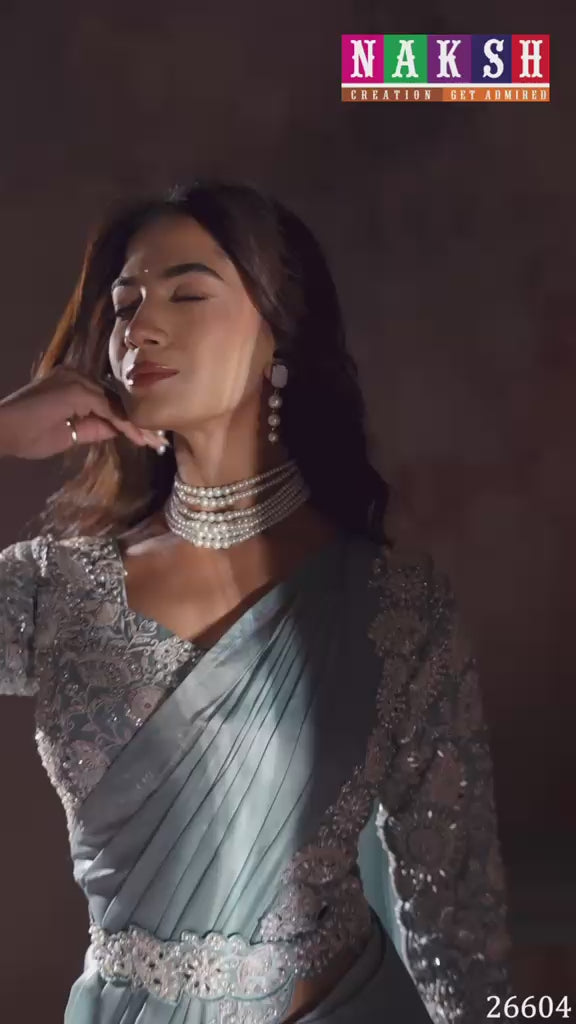 Ice Blue Drape Saree with Embroidered Designer Blouse