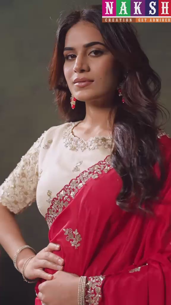 Crimson Red Organza Satin Silk Sequins & Stone Handwork Saree