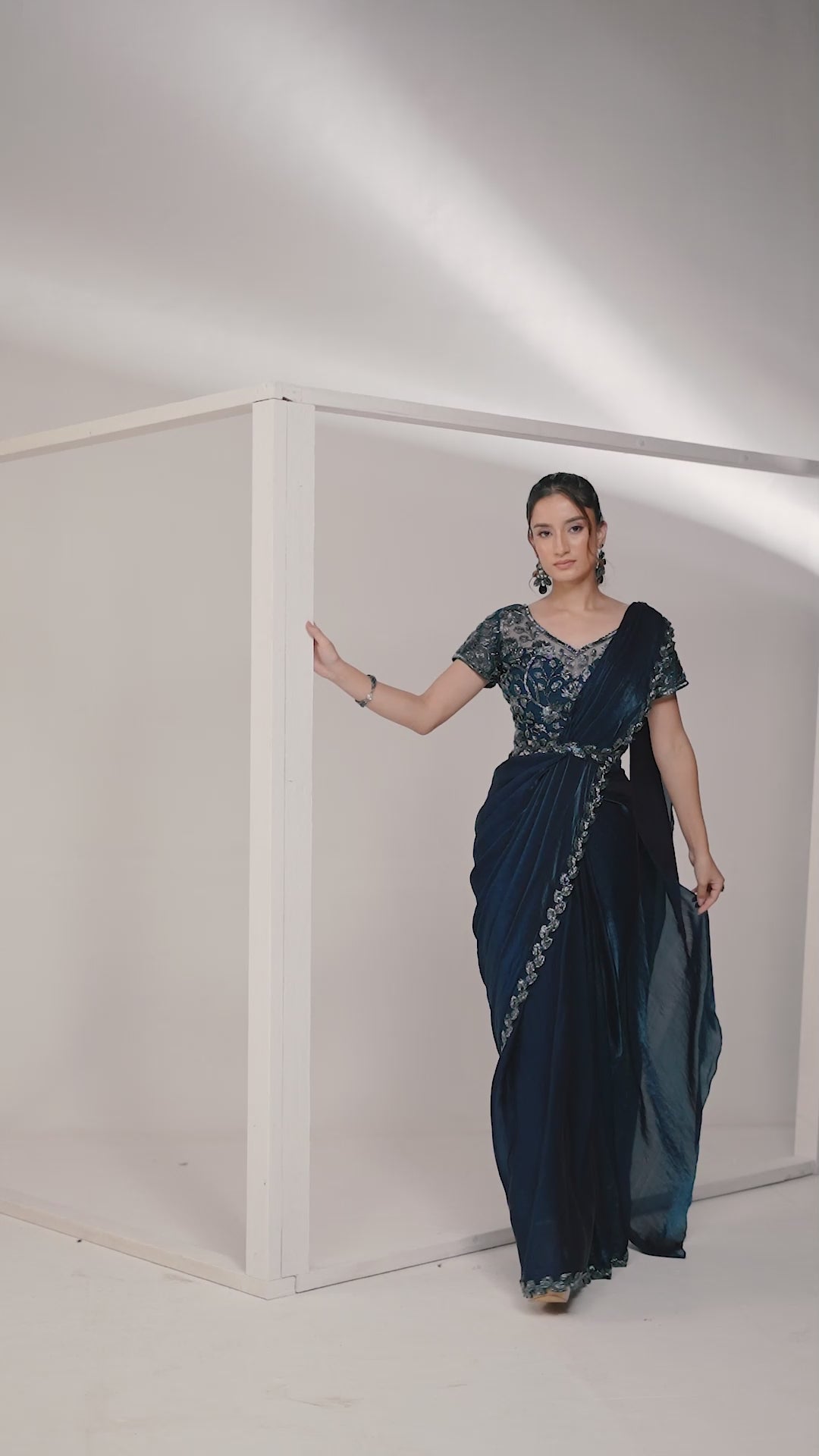 Teal Blue Two Tone Satin Silk Ready to Wear Drape Saree with Handwork Blouse and Belt
