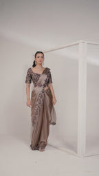 Coffee Brown Crepe Satin Silk Ready to Wear Drape Saree with Handwork Blouse and Belt