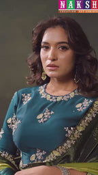 Teal Green Zari Organza Silk Sequins Embroidered Saree
