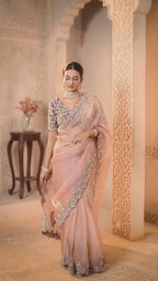 Blush Pink Zari Organza Silk Handwork Saree