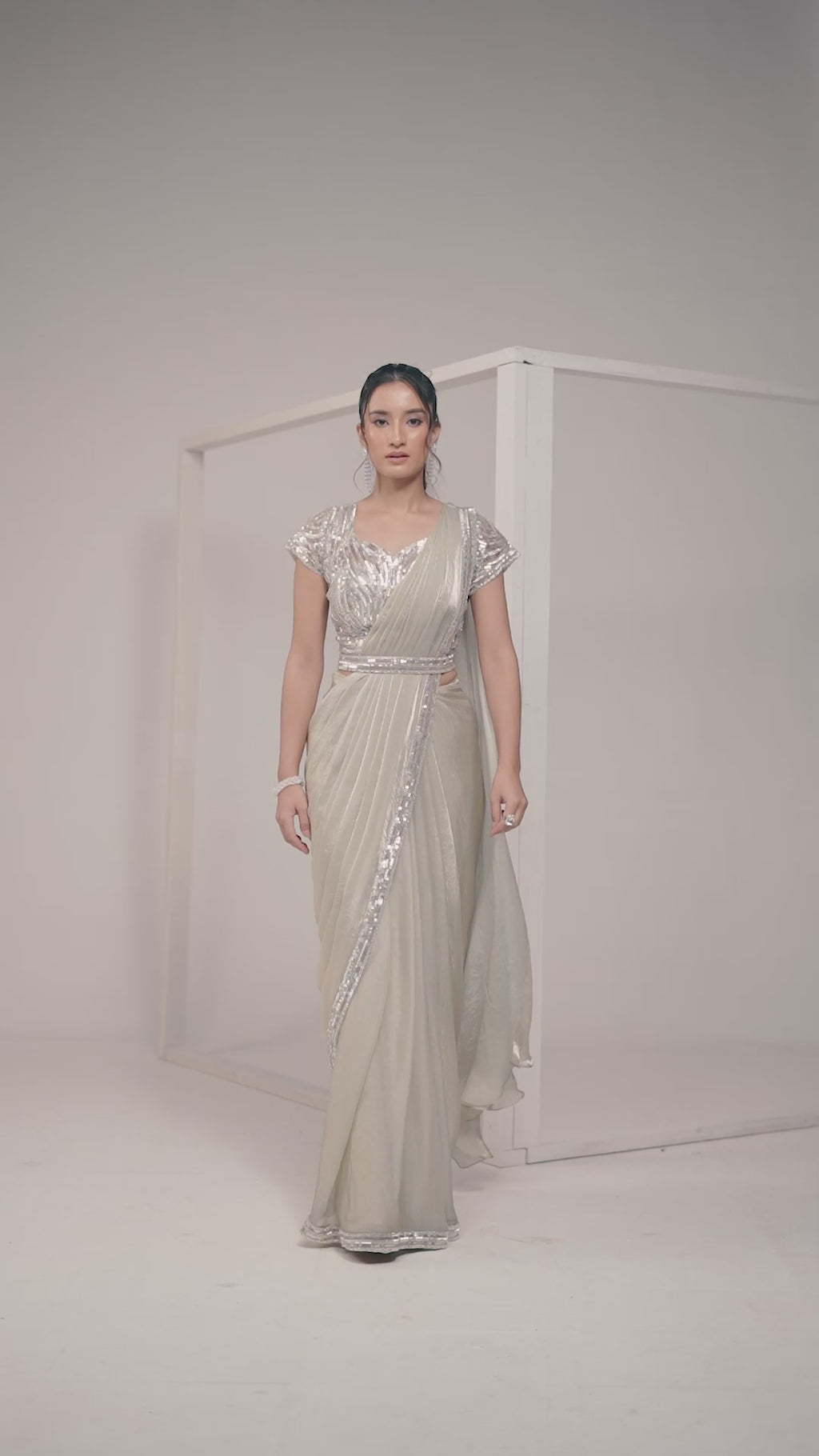 Champagne Beige Two Tone Satin Silk Ready to Wear Drape Saree with Handwork Blouse and Belt