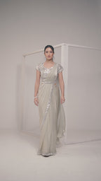 Champagne Beige Two Tone Satin Silk Ready to Wear Drape Saree with Handwork Blouse and Belt
