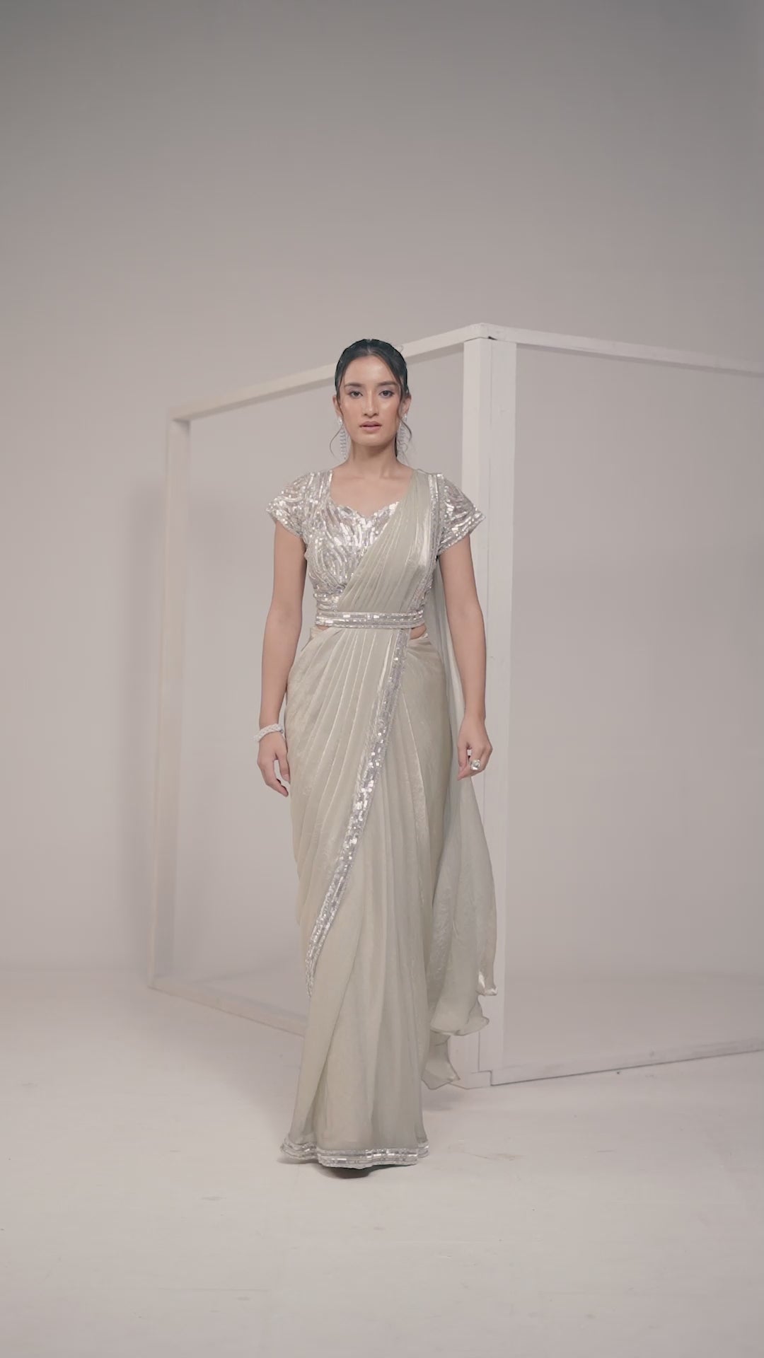 Champagne Beige Two Tone Satin Silk Ready to Wear Drape Saree with Handwork Blouse and Belt