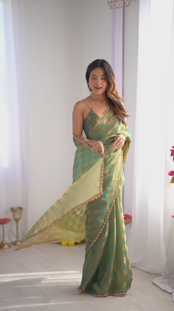 Pista Green Chiffon Check Cutdana Lace Saree - View 6