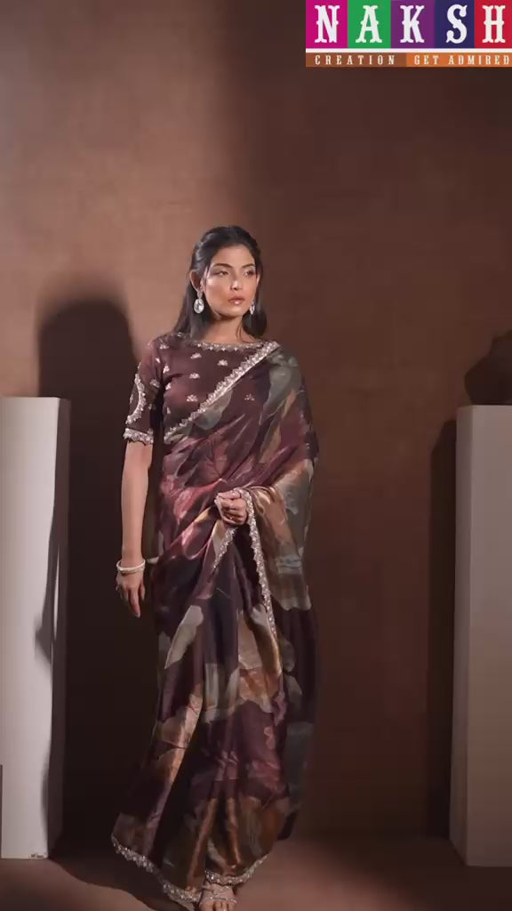 Coffee Two Tone Satin Silk Saree with Floral Digital Print