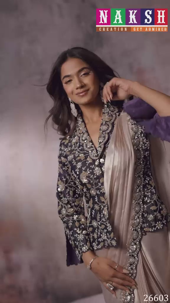 Blush Pink & Navy Blue Drape Saree with Embroidered Blazer Blouse