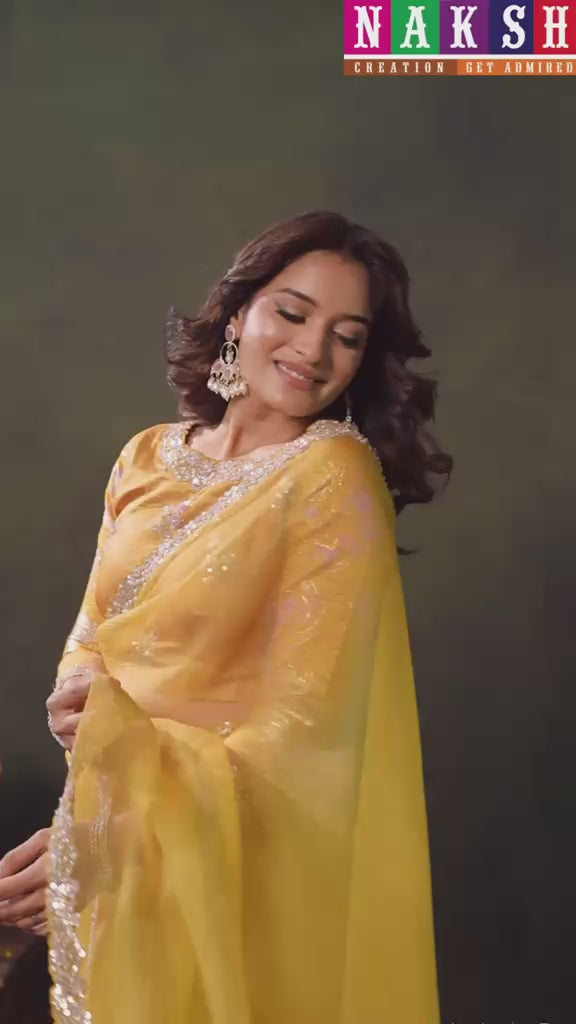 Mustard Yellow Organza Satin Silk Sequins & Zari Embroidered Saree