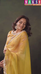 Mustard Yellow Organza Satin Silk Sequins & Zari Embroidered Saree