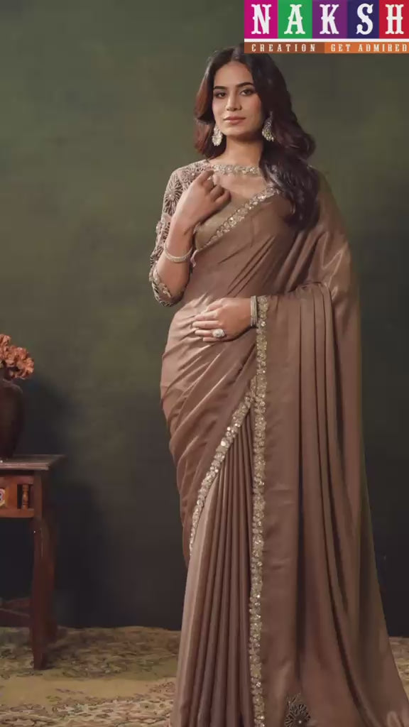 Beige Organza Satin Silk Floral Thread Embroidered Saree