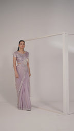 Lavender Pink Two Tone Satin Silk Ready to Wear Drape Saree with Handwork Blouse and Belt