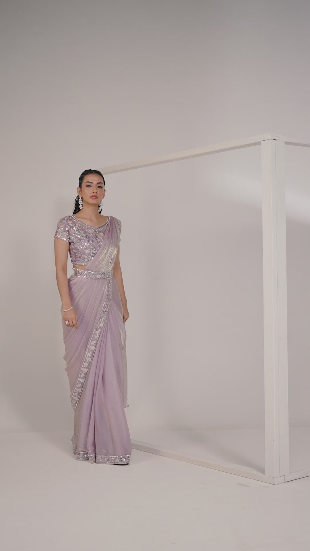 Lavender Pink Two Tone Satin Silk Ready to Wear Drape Saree with Handwork Blouse and Belt