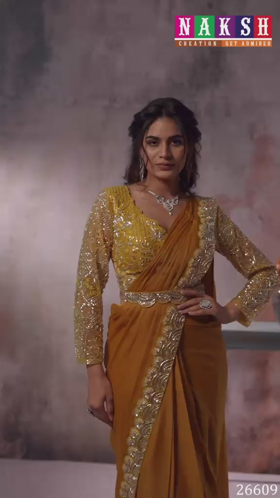 Mustard Gold Drape Saree with Silver Sequins Work
