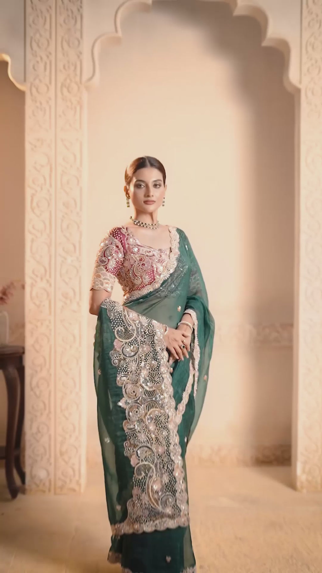 Emerald Green Organza Satin Designer Saree with Multi Thread Embroidery with Multi Stone & Handwork