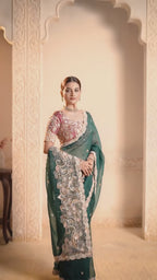 Emerald Green Organza Satin Handwork Saree