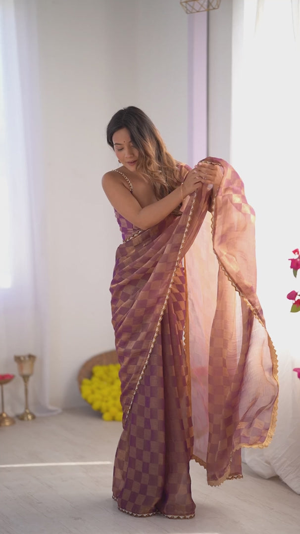 Onion Pink Chiffon Check Cutdana Lace Saree - View 6
