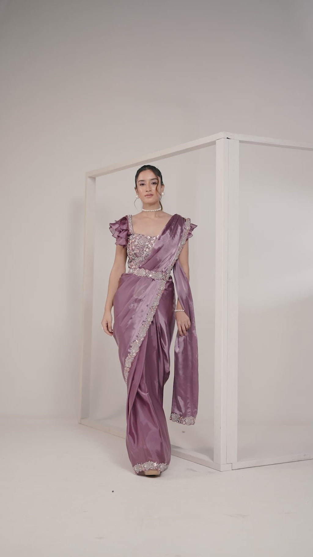 Mauve Purple Crepe Satin Silk Ready to Wear Drape Saree with Handwork Blouse and Belt