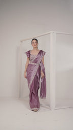 Mauve Purple Crepe Satin Silk Ready to Wear Drape Saree with Handwork Blouse and Belt