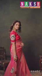 Pink Zari Organza Silk Sequins Embroidered Saree