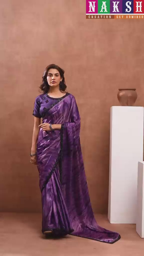 Deep Purple Two Tone Satin Silk Saree with Abstract Digital Print