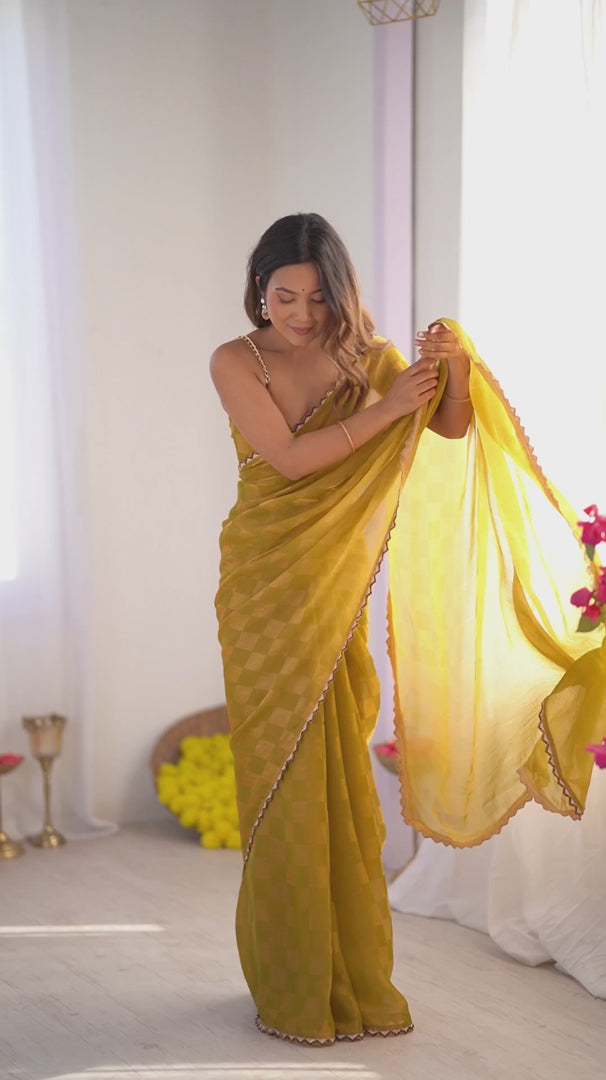 Mustard Chiffon Check Cutdana Lace Saree - View 6