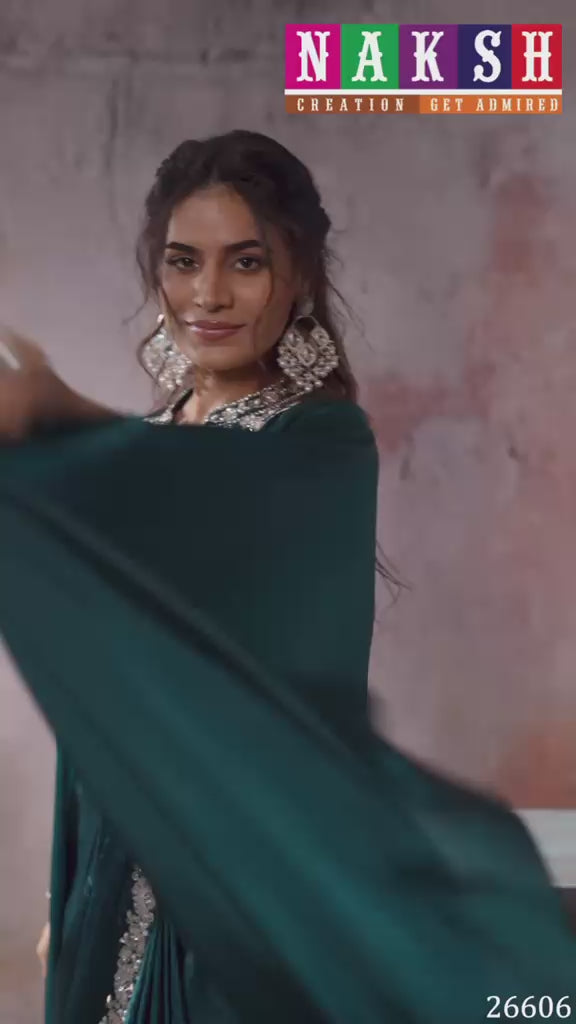 Emerald Green Drape Saree with Designer Poncho