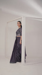 Dark Plum Crepe Satin Silk Ready to Wear Drape Saree with Handwork Blouse and Belt