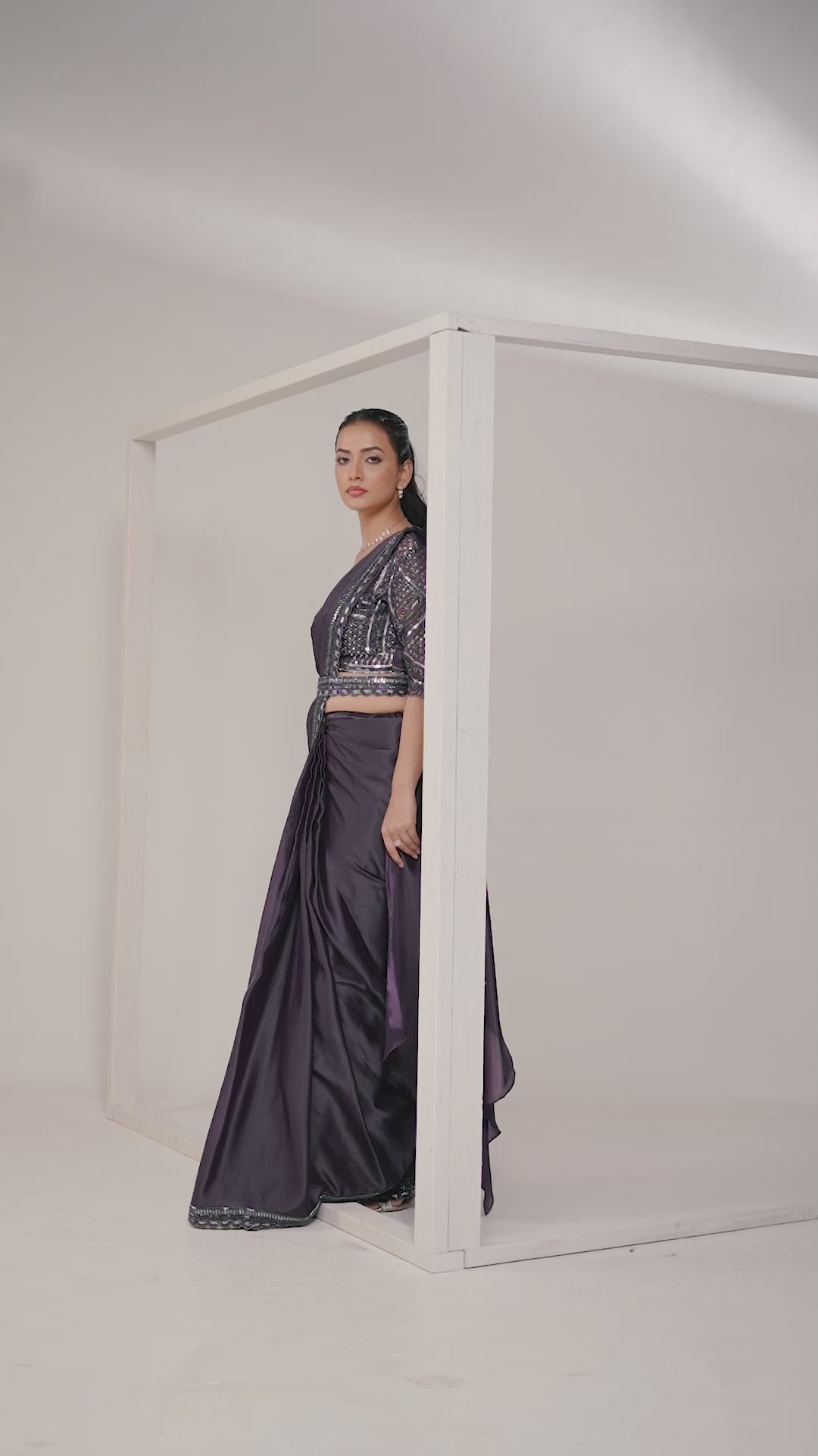 Dark Plum Crepe Satin Silk Ready to Wear Drape Saree with Handwork Blouse and Belt