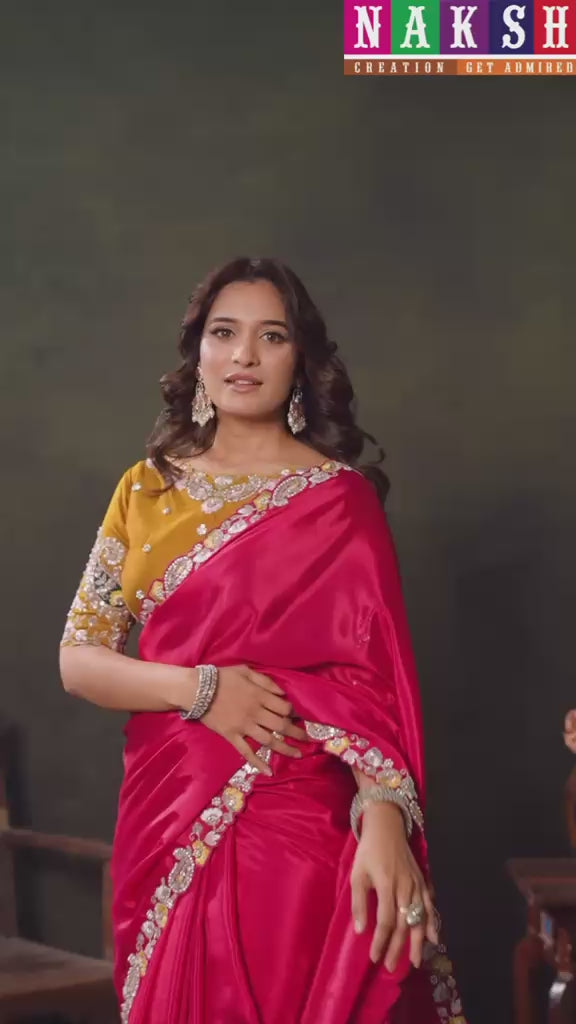 Rani Pink Satin Silk Thread Embroidered & Pearl Work Saree