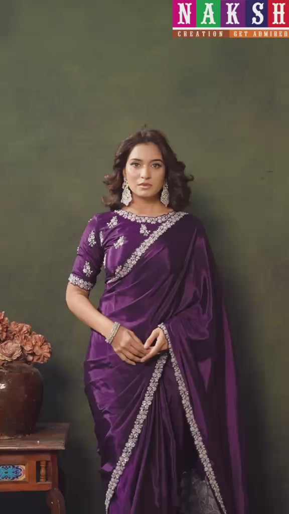 Purple Organza Satin Silk Zari & Sequins Embroidered Saree