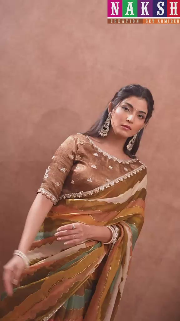 Mustard Yellow Two Tone Satin Silk Saree with Leheriya Digital Print