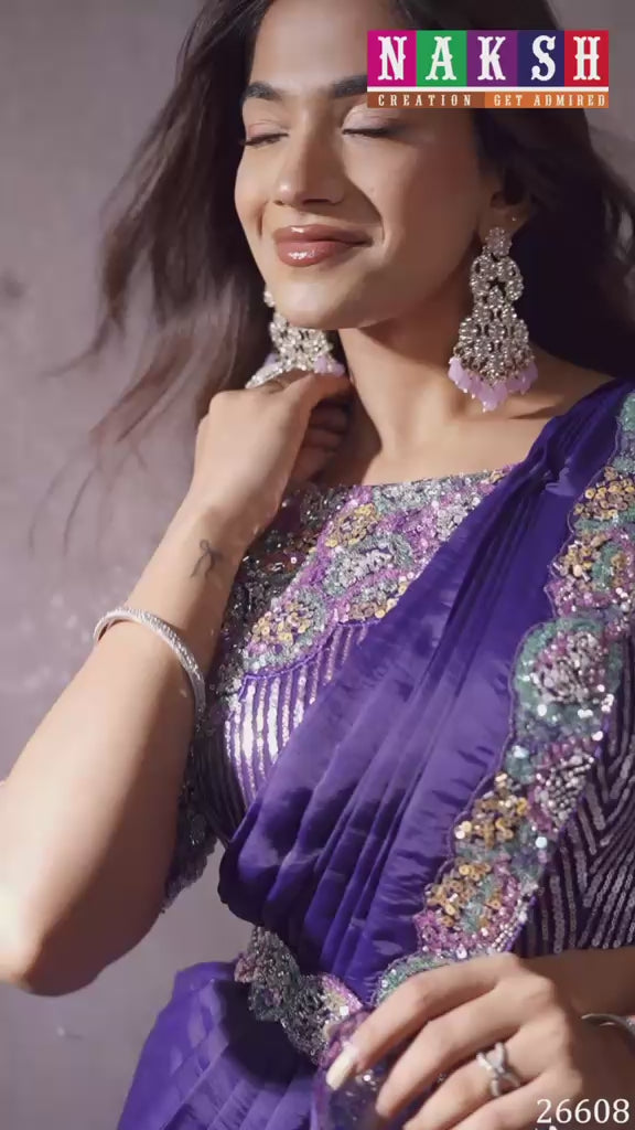 Royal Purple Drape Saree with Designer Mono Net Blouse